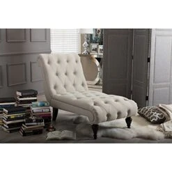 Baxton Studio Layla Mid-century Modern Light Beige Fabric Upholstered Button-tufted Chaise Lounge, Cream -Safavieh Furnitue Shop 51tGPpqI9GL
