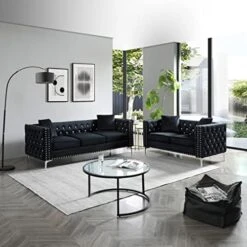 Fulocseny 2 Piece Modern Velvet Upholstered Living Room Set With 3-Seater Sofa And Loveseat, Jeweled Button Tufted Copper Nails Square Arms, 4 Pillows Included, Grey,5 Seater (Grey + Velvet) -Safavieh Furnitue Shop 51tMKN9jlwL. AC