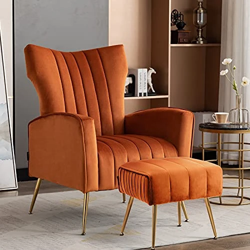 Artechworks Curved Tufted Accent Chair With Metal Gold Legs Velvet Upholstered Arm Club Leisure Modern Chair For Living Room Bedroom Patio, Caramel Color, Orange 5 Artechworks Curved Tufted Accent Chair With Metal Gold Legs Velvet Upholstered Arm Club Leisure Modern Chair For Living Room Bedroom Patio, Caramel Color, Orange - Image 5