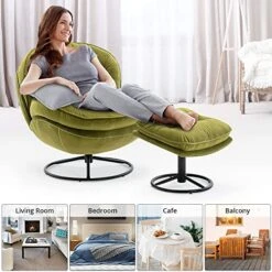 Velvet Swivel Accent Chair With Ottoman Set, Modern Lounge Chair With Metal Base Frame & Footrest, Comfy Single Leisure Sofa Chair Reading Chair With 360 Degree Swiveling For Living Room, Fruit Green -Safavieh Furnitue Shop 51uTRNRPmXL