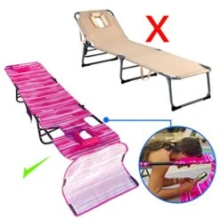FLIP Face Down Tanning Chaise Lounge Chair - Face & Arm Holes - 2 Legs Support - Polyester Material – Backrest Positions - Head Rest Pillow - Beach Or Home Use - PATENTS Pending - Pink Stripes Pattern