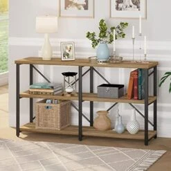 BON AUGURE Rustic Console Table Behind Sofa, Industrial Entryway Table With Storage Shelves, 3 Tier Long Bookshelf For Entry (55 Inch, Dark Grey Oak) -Safavieh Furnitue Shop 51vOK3KD8oL. AC