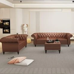 MIYZEAL 2 Pieces Living Room Sectional Sofa Set, Modern Velvet Button Tufted Chesterfield Sofa With Rolled Arm, Classic Upholstered Low Back Loveseat 3 Seater Couch For Living Room (Gray) -Safavieh Furnitue Shop 51vnNe2aLL. AC