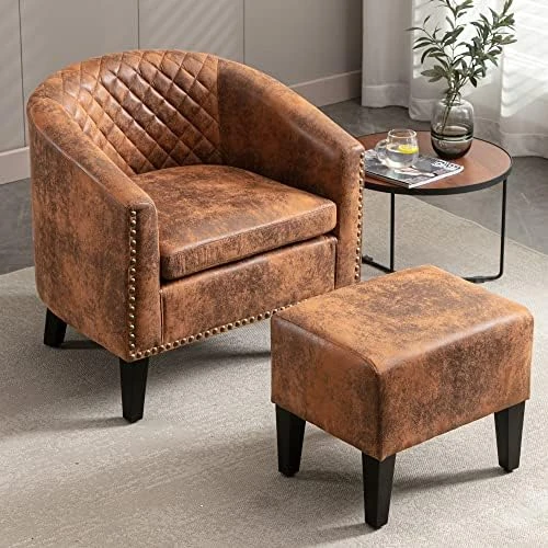 SSLine Modern White Leather Upholstered Accent Arm Chair Soft Barrel Club Chairs For Living Room Comfy Single Sofa Office Guest Chatting Chair With Solid Wood Legs And Nailhead For Bedroom (White) 13 SSLine Modern White Leather Upholstered Accent Arm Chair Soft Barrel Club Chairs For Living Room Comfy Single Sofa Office Guest Chatting Chair With Solid Wood Legs And Nailhead For Bedroom (White) - Image 13