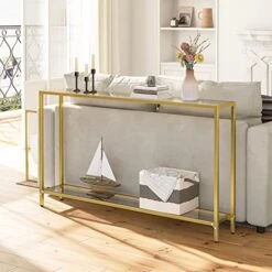 HOOBRO 55.1" Gold Console Table, Narrow Tempered Glass Entryway Table, Sofa Table Behind Couch, Modern Style, Metal Frame, Hallway, Living Room, Gold GD06XG01 -Safavieh Furnitue Shop 51w6GH4I8DL
