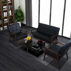 JIASTING Mid Century 1 Loveseat Sofa And 2 Accent Chairs Set Modern Wood Arm Couch And Chair Living Room Furniture Sets (8428 Black Set) -Safavieh Furnitue Shop 51wB7BUeVqL