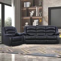 ANJ 2PC Bonded Leather Reclining Sofa Couch Set, Upholstered Recliner Sofa, Manual Recliners Furniture, Home Theater Seating For Living Room (Black, 1+3 Seat)