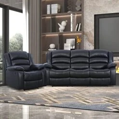 ANJ 2PC Bonded Leather Reclining Sofa Couch Set, Upholstered Recliner Sofa, Manual Recliners Furniture, Home Theater Seating For Living Room (Black, 1+3 Seat) -Safavieh Furnitue Shop 51wPDPJkC4L. AC