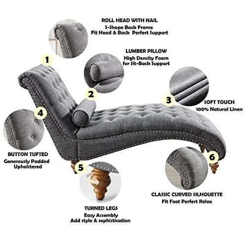 Rosevera Sereno Polyester Upholstered Button Tufting With Toss Pillow Chaise Lounge Chair For Indoor Bedroom, Linen Gray 3 Rosevera Sereno Polyester Upholstered Button Tufting With Toss Pillow Chaise Lounge Chair For Indoor Bedroom, Linen Gray - Image 3