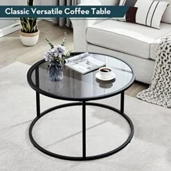 SAYGOER Round Coffee Table Glass Coffee Tables For Small Space Simple Modern Center Table For Living Room Home Office, Sofa Side Table With Metal Steel Frame, Easy Assembly, Gray Black -Safavieh Furnitue Shop 51wWoGpOtaL
