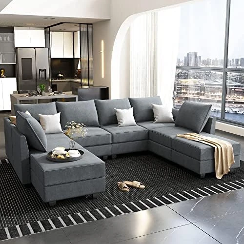 HONBAY Convertible Modular Sectional Sofa With Ottomans Polyester Fabric Sleeper Sectional Couch With Chaise And Storage 6 Seat Sectional Sofa For Living Room, Grey 7 HONBAY Convertible Modular Sectional Sofa With Ottomans Polyester Fabric Sleeper Sectional Couch With Chaise And Storage 6 Seat Sectional Sofa For Living Room, Grey - Image 7