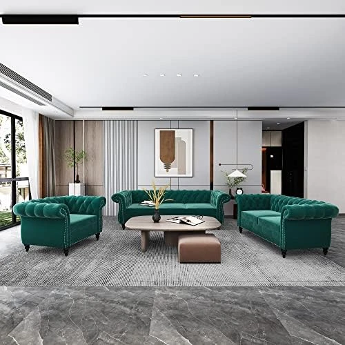 RARZOE 3 Pieces Of Living Room Furniture Sofa Sets, Modern Velvet Chesterfield Sofa&Chesterfield Club Chair&Chesterfield Loveseat Sofas Set With Nailhead Trim Scroll Arms For Living Room(Grey) 5 RARZOE 3 Pieces Of Living Room Furniture Sofa Sets, Modern Velvet Chesterfield Sofa&Chesterfield Club Chair&Chesterfield Loveseat Sofas Set With Nailhead Trim Scroll Arms For Living Room(Grey) - Image 5