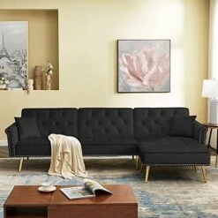NOSGA Sectional Sleeper Sofa Couch Bed, Velvet L-Shaped Convertible Tufted Couch With Chaise Lounge, Rolled Arm Upholstered Nailhead Chesterfield Sofa With Movable Ottoman For Living Room(Grey) -Safavieh Furnitue Shop 51xWGO87akL. AC