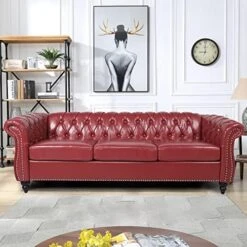 RARZOE 3 Pieces Living Room Furniture Sofa Sets,Modern Faux Leather Chesterfield Sofa&Chesterfield Club Chair&Chesterfield Loveseat Sofas Set With Nailhead Trim Scroll Arms For Living Room,Burgundy -Safavieh Furnitue Shop 51xbcz8TtJL. AC