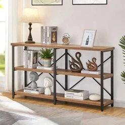 BON AUGURE Rustic Console Table With Shelves Behind Sofa, Industrial 3 Tier Entry Table For Hallway, Farmhouse Entryway Table For Living Room (55 Inch, Vintage Oak)
