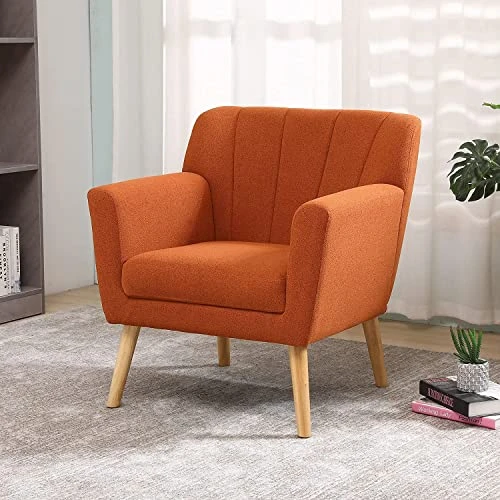 MELLCOM Mid Century Modern Accent Chair, Comfy Linen Fabric Club Chair With Solid Wood Legs Tufted Back, Upholstered Armchair Chairs For Living Room, Reading Room, Bedroom, Orange/Blue 3 MELLCOM Mid Century Modern Accent Chair, Comfy Linen Fabric Club Chair With Solid Wood Legs Tufted Back, Upholstered Armchair Chairs For Living Room, Reading Room, Bedroom, Orange/Blue - Image 3