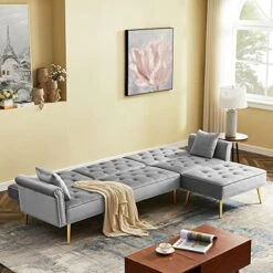 NOSGA Sectional Sleeper Sofa Couch Bed, Velvet L-Shaped Convertible Tufted Couch With Chaise Lounge, Rolled Arm Upholstered Nailhead Chesterfield Sofa With Movable Ottoman For Living Room(Grey) -Safavieh Furnitue Shop 51y1s85CLYL
