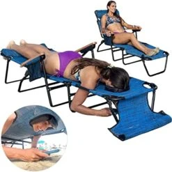 FLIP Face Down Tanning Chaise Lounge Chair - Face & Arm Holes - 2 Legs Support - Polyester Material – Backrest Positions - Head Rest Pillow - Beach Or Home Use - PATENTS Pending - Pink Stripes Pattern -Safavieh Furnitue Shop 51yHcerK7YL. AC