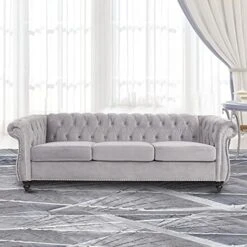 NOSGA Modern Velvet Fabric L Shaped 3-Seat Sectional Sofa Couch, Furniture Sectional Chesterfield Couch Set, Upholstered Scroll Arm Chesterfield Sofa With Chaise For Living Room(Light Grey) -Safavieh Furnitue Shop 51yKGaWOfcL. AC