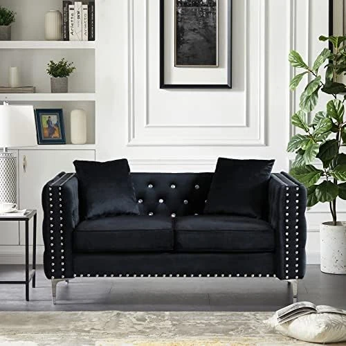 2-Piece Black Velvet Upholstered Living Room Furniture Set, Including 3-Seater Sofa And Loveseat With Jeweled Buttons, Square Arm, Four Pillows Included For Living Room, Office 5 2-Piece Black Velvet Upholstered Living Room Furniture Set, Including 3-Seater Sofa And Loveseat With Jeweled Buttons, Square Arm, Four Pillows Included For Living Room, Office - Image 5