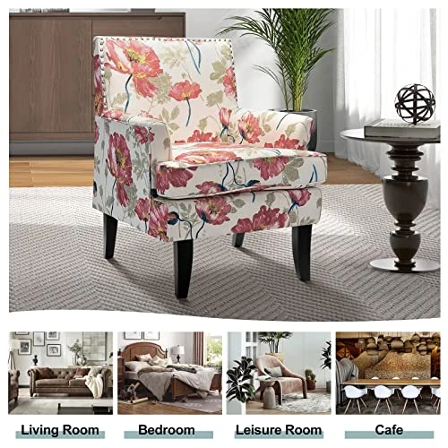 HULALA HOME Modern Accent Chair With Arms And Wooden Legs, Mid Century Accent Chair Armchair High Back Rest, Padded Armrest And Comfortable Cushioned Seat For Living Room (Red Yellow Floral) 5 HULALA HOME Modern Accent Chair With Arms And Wooden Legs, Mid Century Accent Chair Armchair High Back Rest, Padded Armrest And Comfortable Cushioned Seat For Living Room (Red Yellow Floral) - Image 5