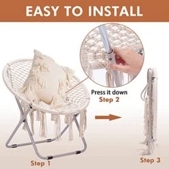 PASAMIC Saucer Chair With Folding Metal Frame, 100% Cotton Handmade Round Cozy Chairs, Exquisite Moon Chair For Bedroom, Living Room Décor Beige -Safavieh Furnitue Shop 51zqGqW0XlS