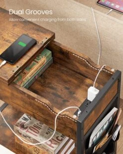 VASAGLE Side Table With Storage, End Table With USB Ports And Outlets, Nightstand With Charging Station, Fabric Bags, For Living Room, Bedroom, Rustic Brown And Black ULET310B01V1 -Safavieh Furnitue Shop 61N1NrRNALL