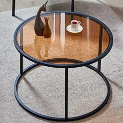 SAYGOER Round Coffee Table Glass Coffee Tables For Small Space Simple Modern Center Table For Living Room Home Office, Sofa Side Table With Metal Steel Frame, Easy Assembly, Gray Black -Safavieh Furnitue Shop 61mjqDbgEFL. AC